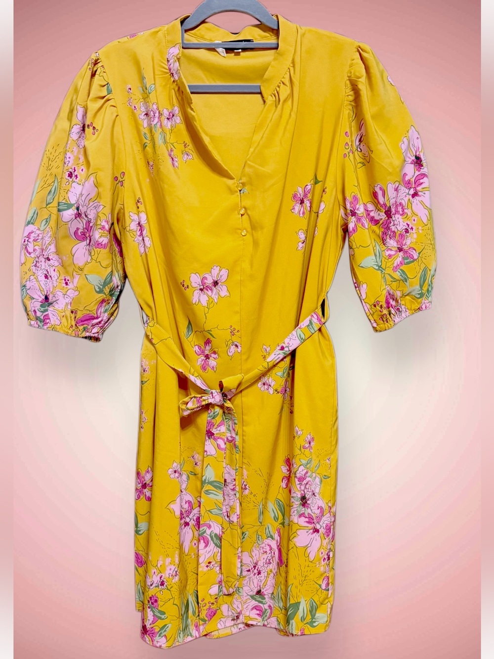 Angela Plus Bright Yellow Midi Dress with Pink Floral Print and Self Tie size XL
